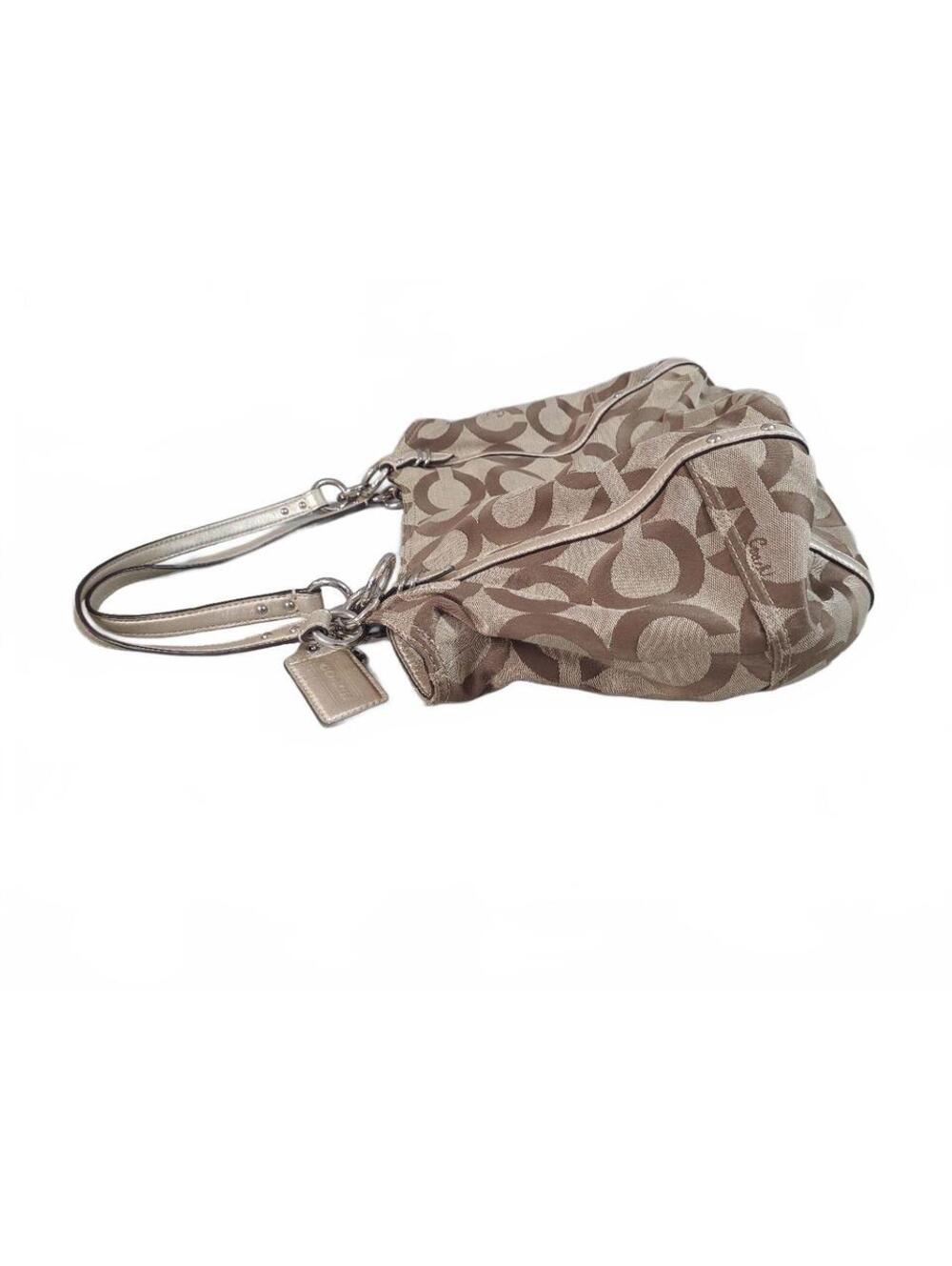 Coach Signature Jacquard Canvas Shoulder Bag Beige Brown Leather Hobo Purse - Picture 5 of 12
